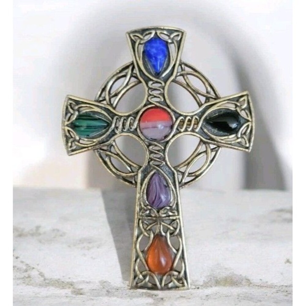 Signed Sol d’Or Vintage Celtic Cross Brooch Gold Tone Multicolor Glass Cabochons